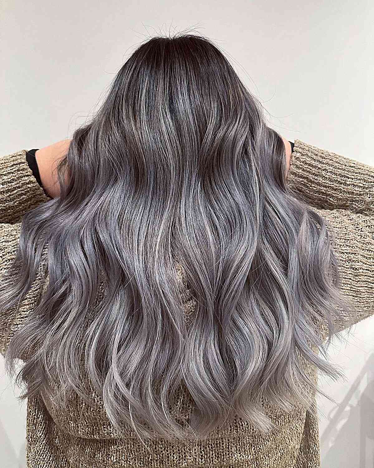 Ash Silver Balayage with Dark Roots for Long Tresses
