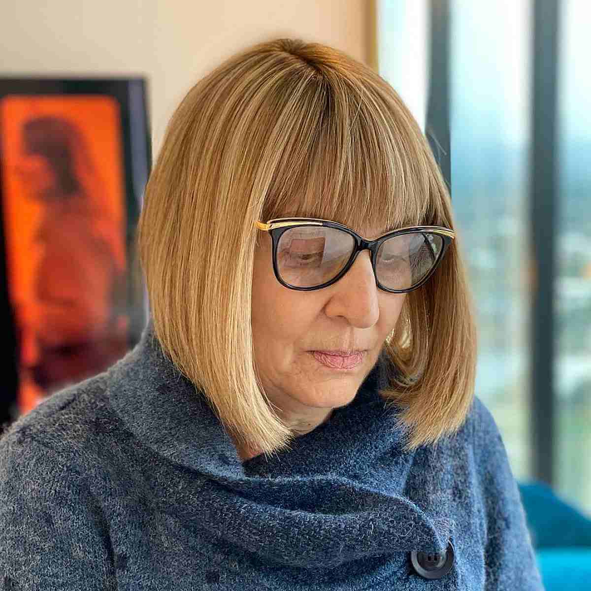 Classic Straight Bob with Textured Bangs for 60-Year-Olds