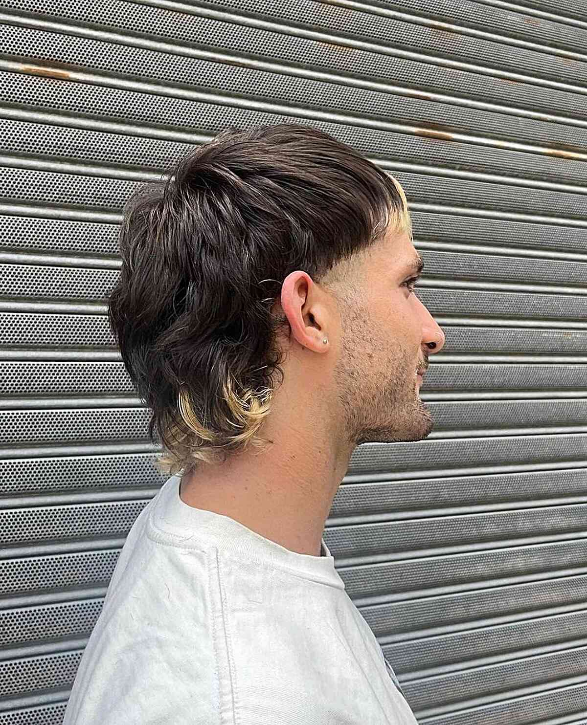 Dark Hair Mullet with Blonde Bangs and Highlights for males