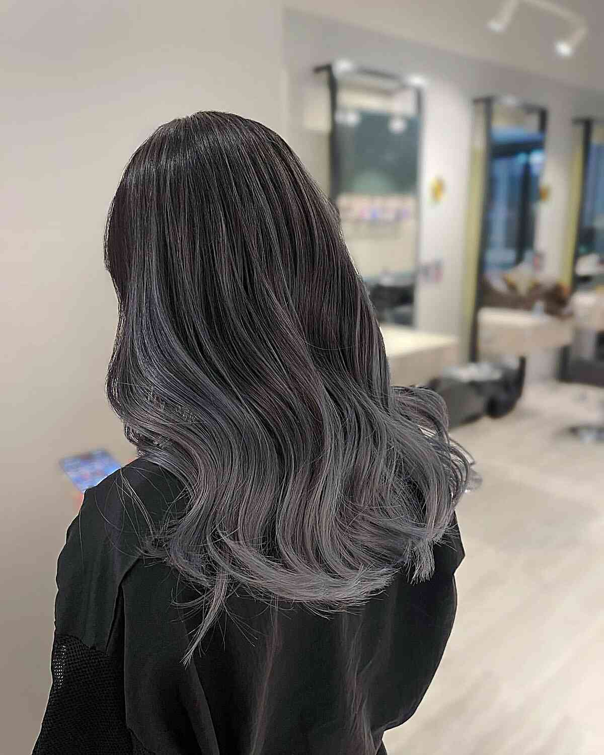 Mid-Length Dark Hair with Grey Silvery Balayage Ends
