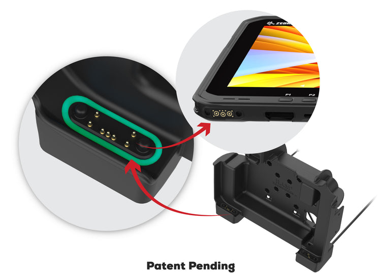 Image of RAM dock for Zebra ET60 ET65 showing self-aligning pogo pin docking contacts feature