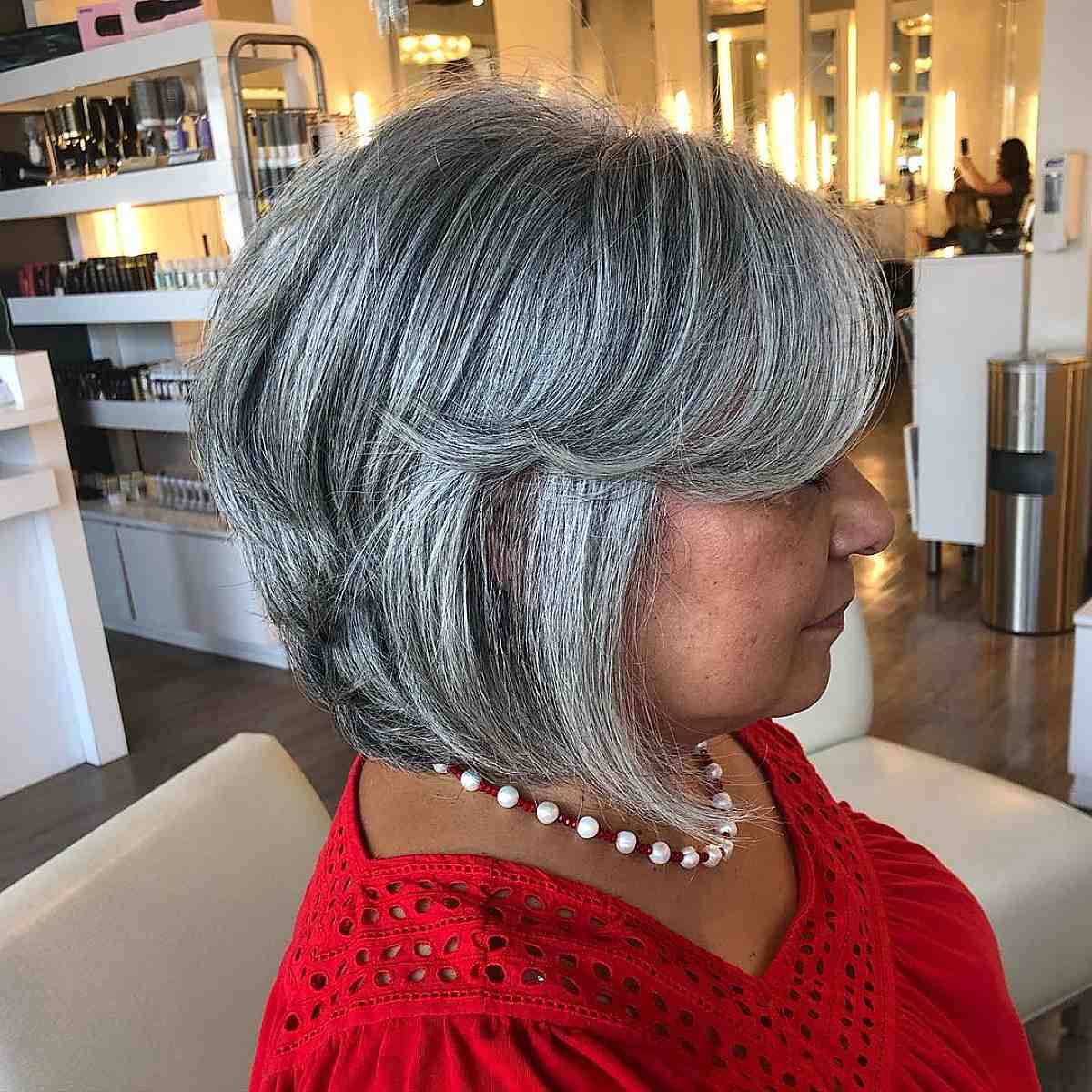 Graduated bob for women over 60 with salt-and-pepper hair