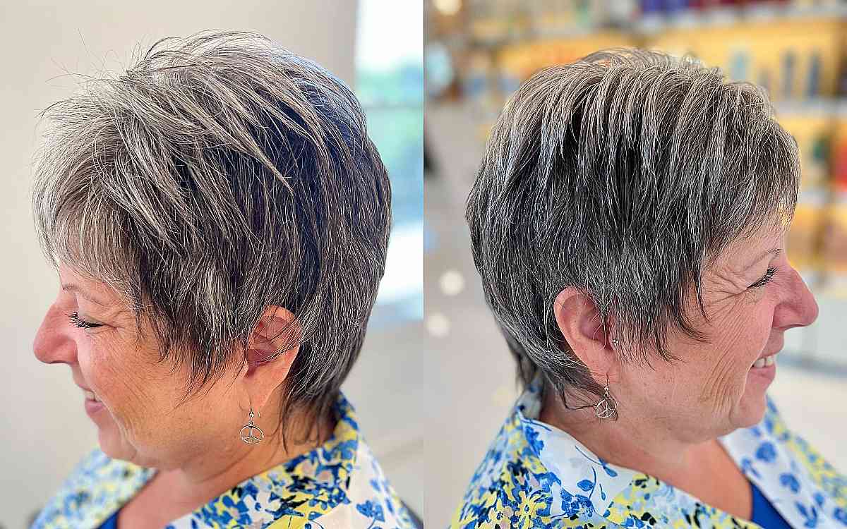 Mature Gray Pixie with Shaggy Layers for Women in Their 50s