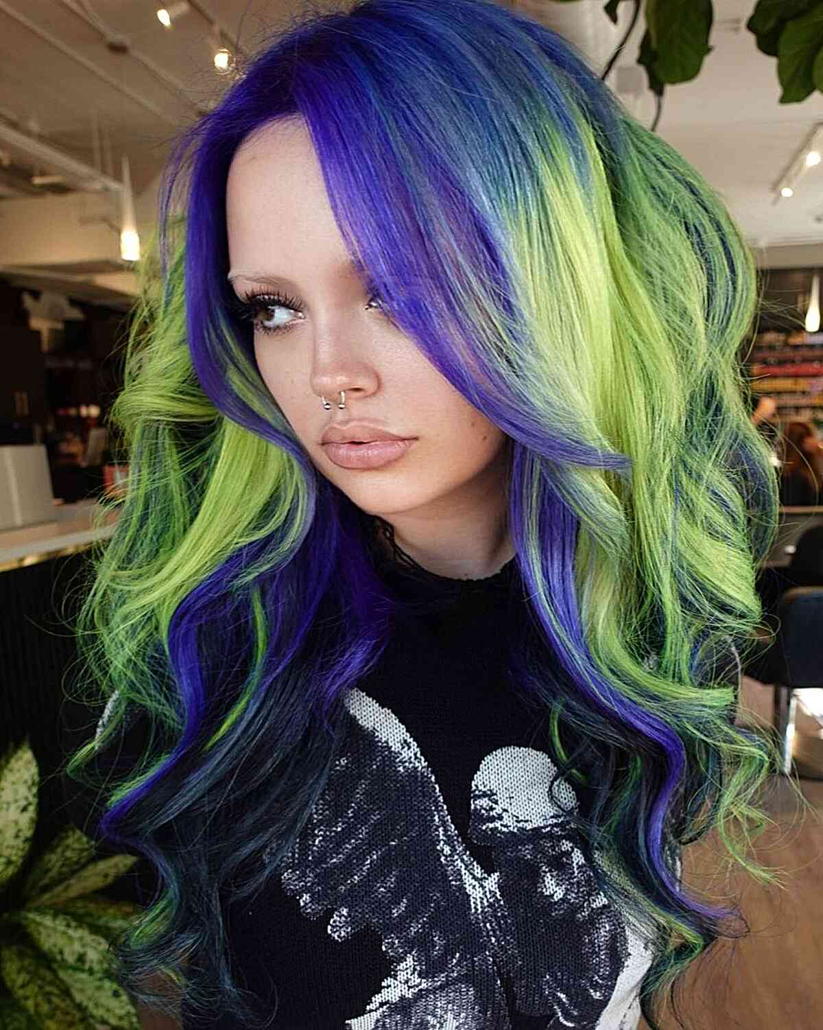 Halloween-Inspired green and purple tones hair color idea
