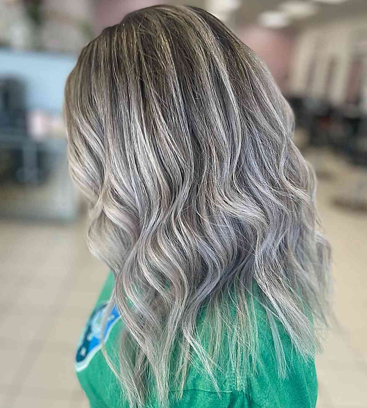 Shoulder-Length Icy Silver Balayage Ombre Hair