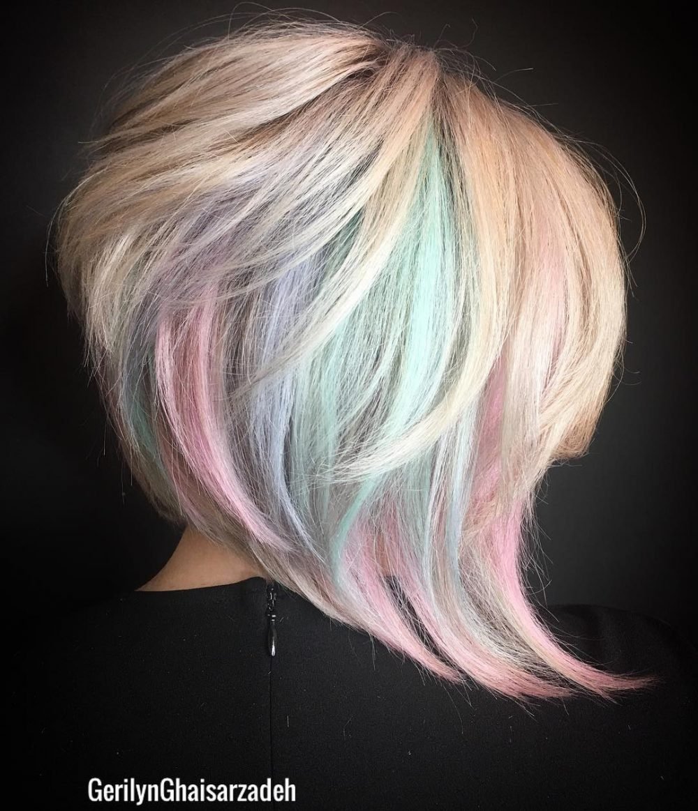 Asymmetrical Inverted Bob with Layers and Pastel Highlights