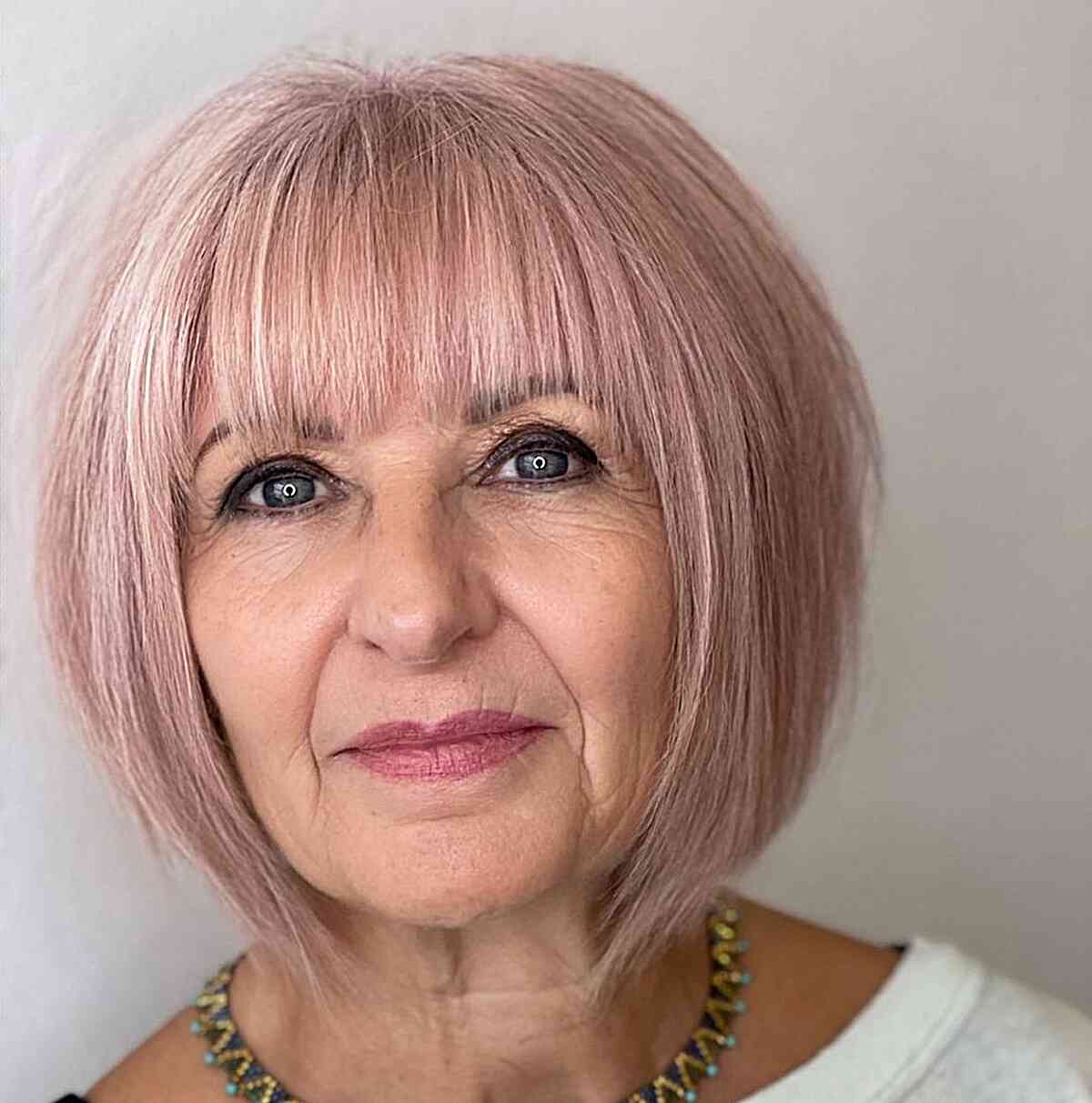 Light Baby Pink Bob for Older Ladies with bangs and thin hair
