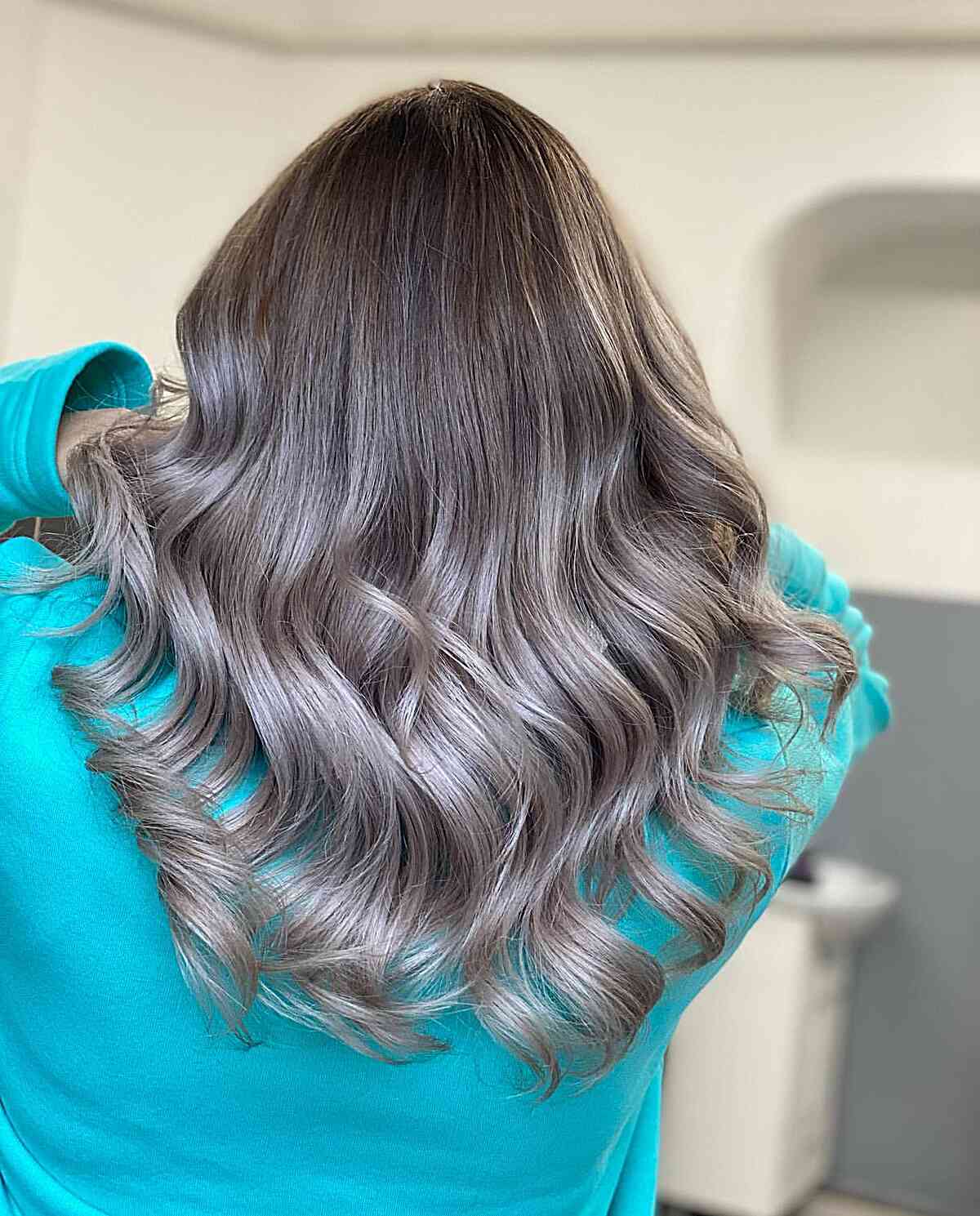 Mid-Long Light Brown Hair with Silver Balayage Ombre Highlights