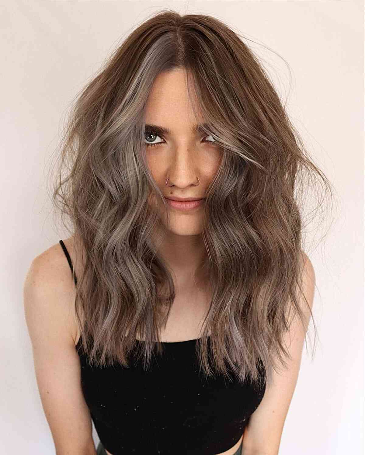 Light Brunette with Subtle Silver Balayage Color Block for Medium Hair