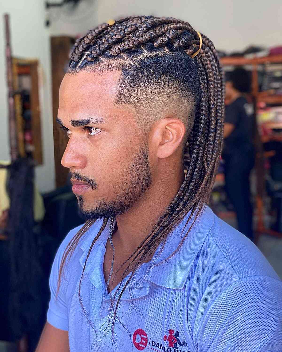 Long Box Braids in a Ponytail for Men with a Beard