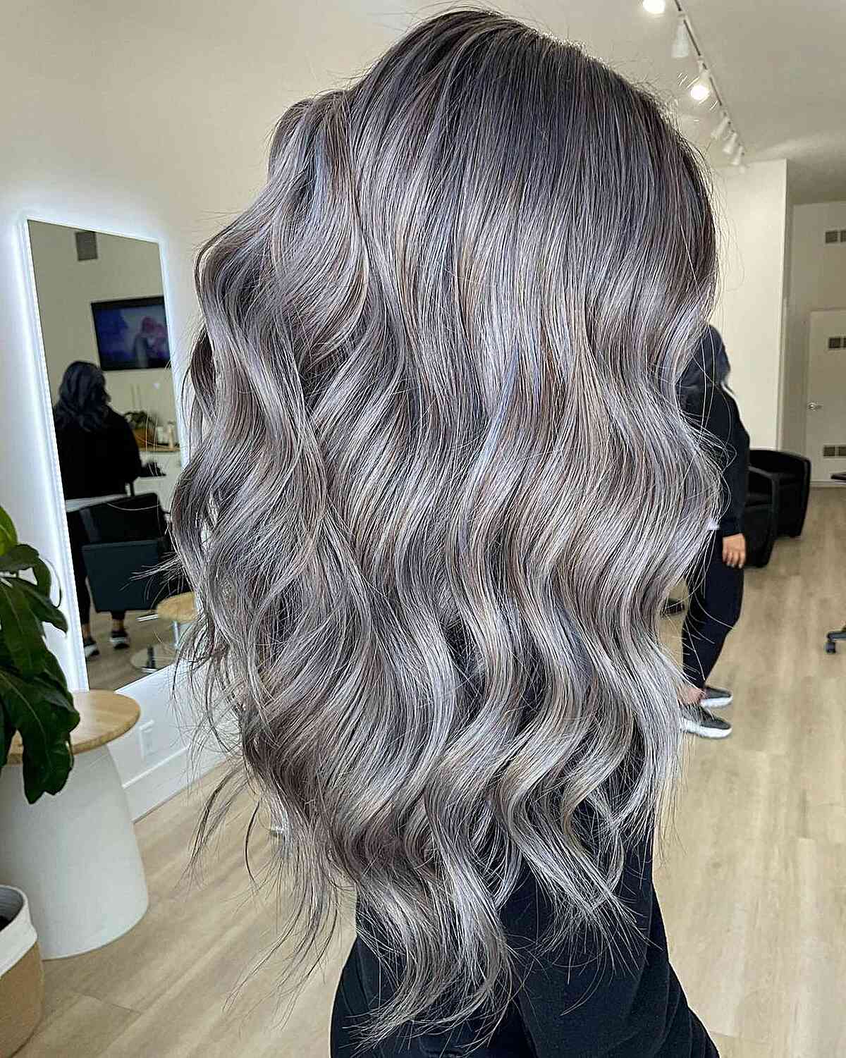 Long Wavy Silver Balayage Hair with Dimensional Silver Tones