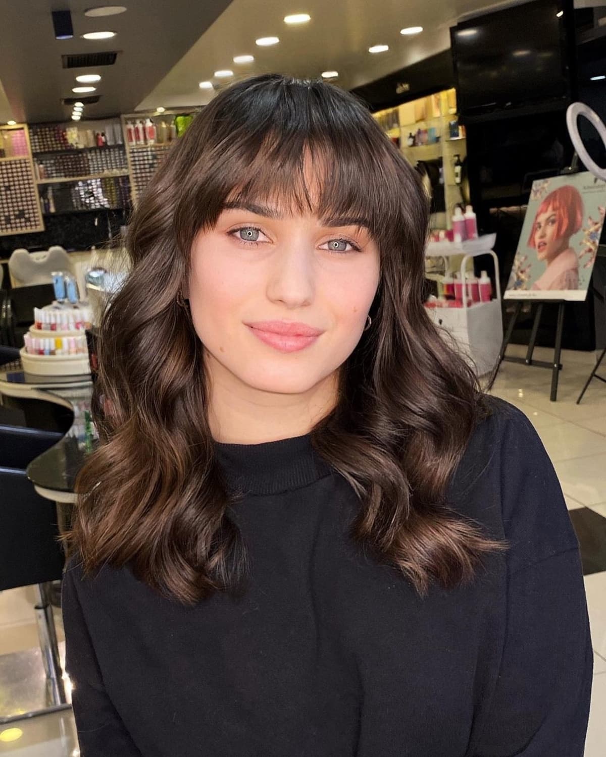Mid-Length Cut with Blunt Bangs for a square face