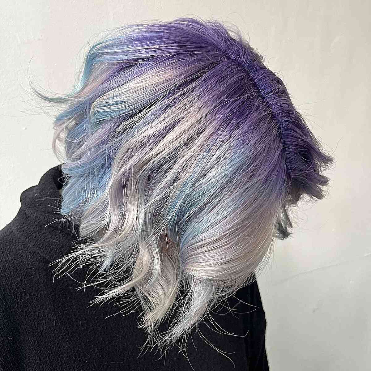 Purple Roots on Short Silver Balayage Hair with Blue Highlights
