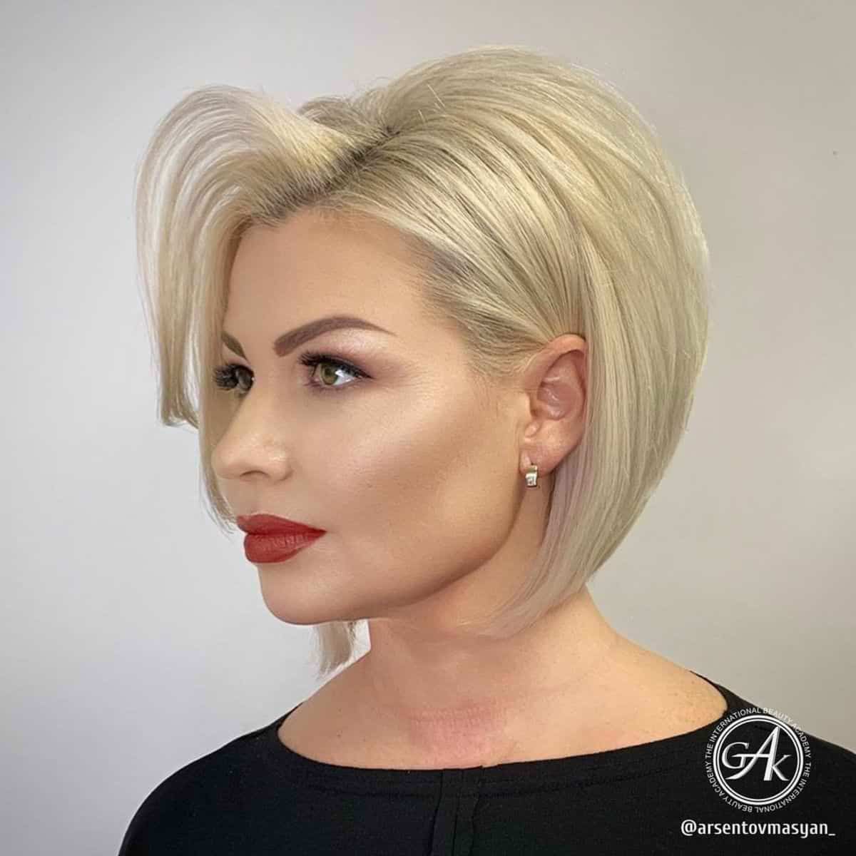 Neck-Length Short Stacked Bob with a Side Part for a Square Face