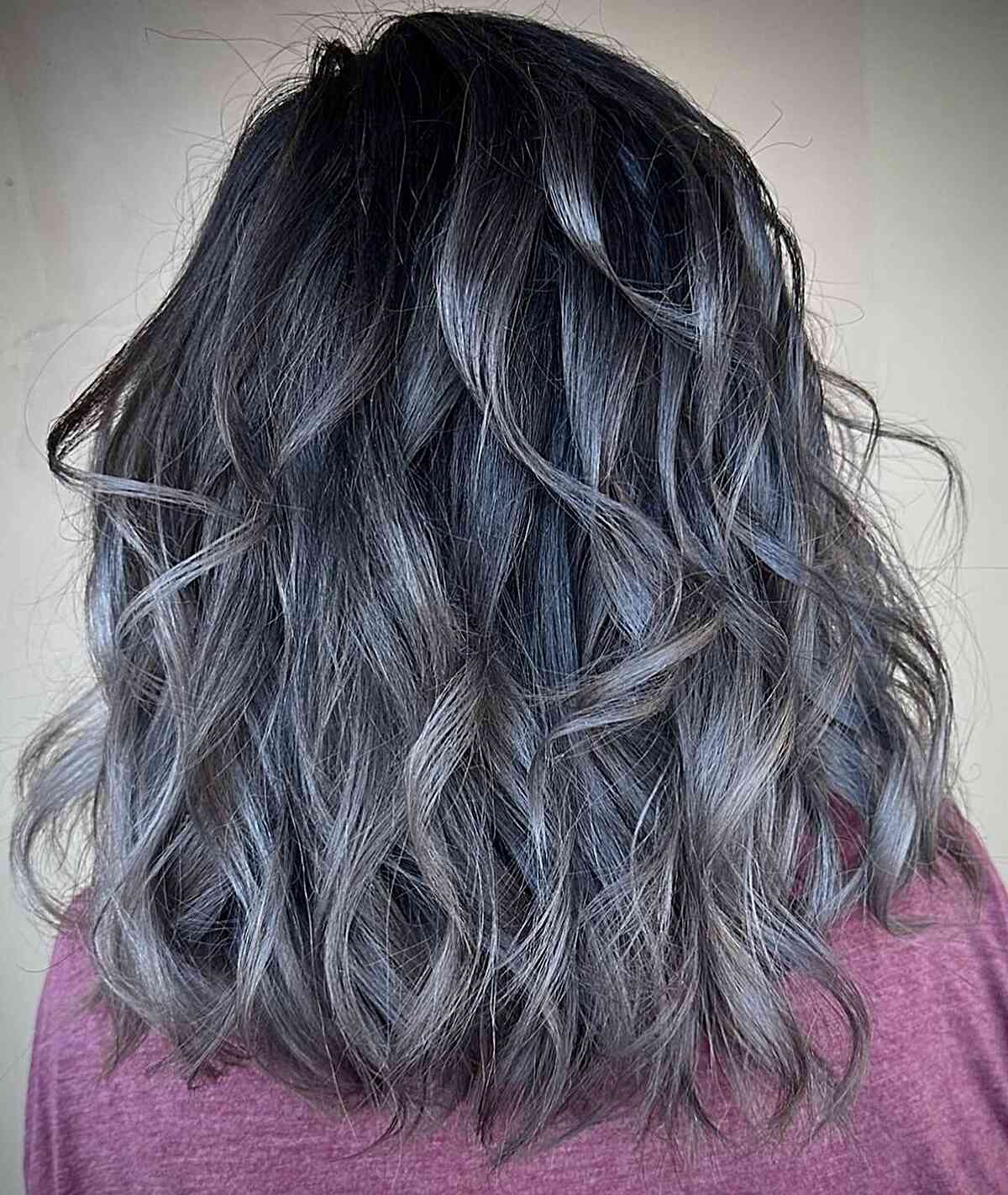 Shoulder-Length Silver Gray Balayage Hair with Tousled Waves