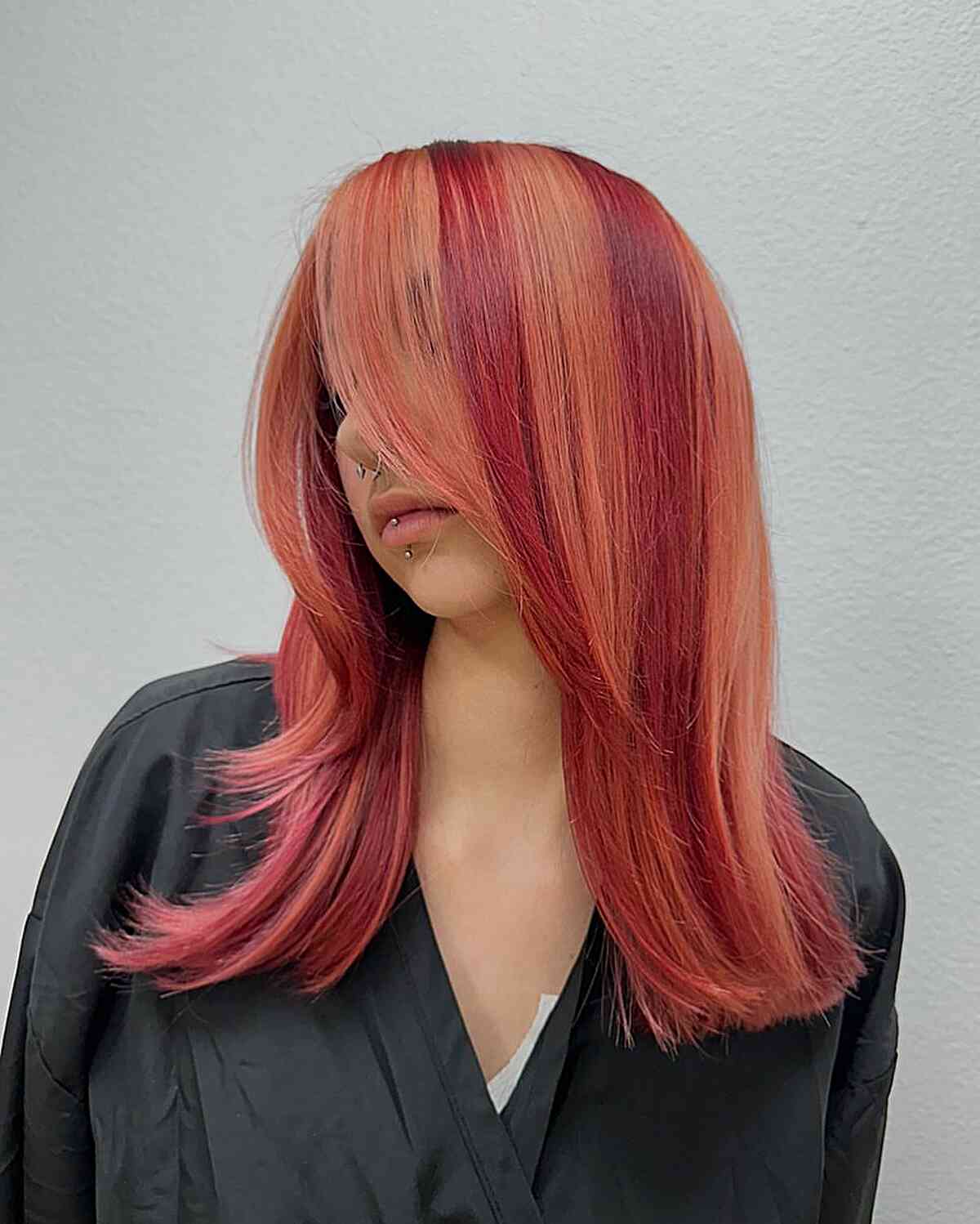 Y2k Colored Red and Peach Thick Highlights on Medium Straight Hair