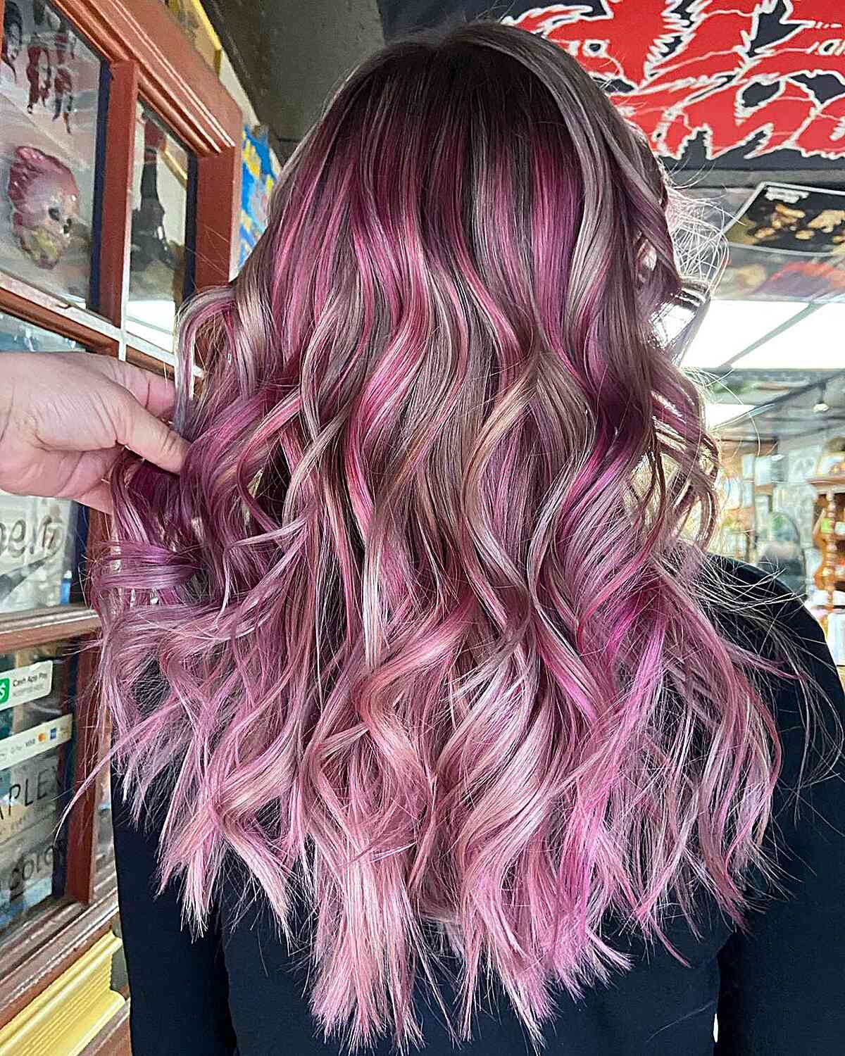 y2k Pink and White Highlights with Long Tousled Waves